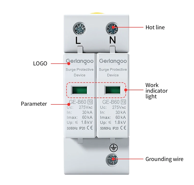 AC 2P SPD 20KA-40KA 30KA-60KA 275V 385V Haus-Überspannungsschutz Niederspannungs-Ableitergerät – Detail 8
