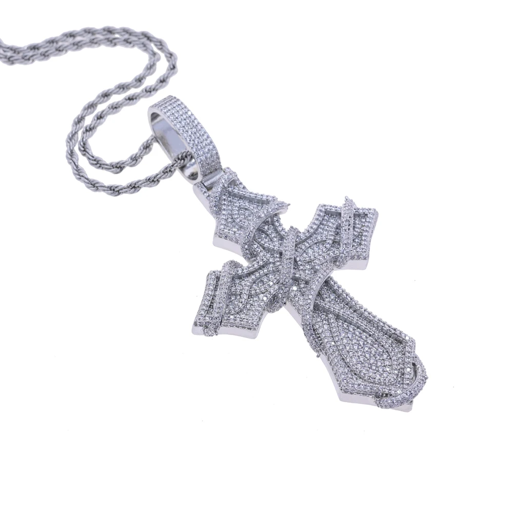 2025 New Iced Out Barbed Wire Wrapped Cross Pendant Necklace