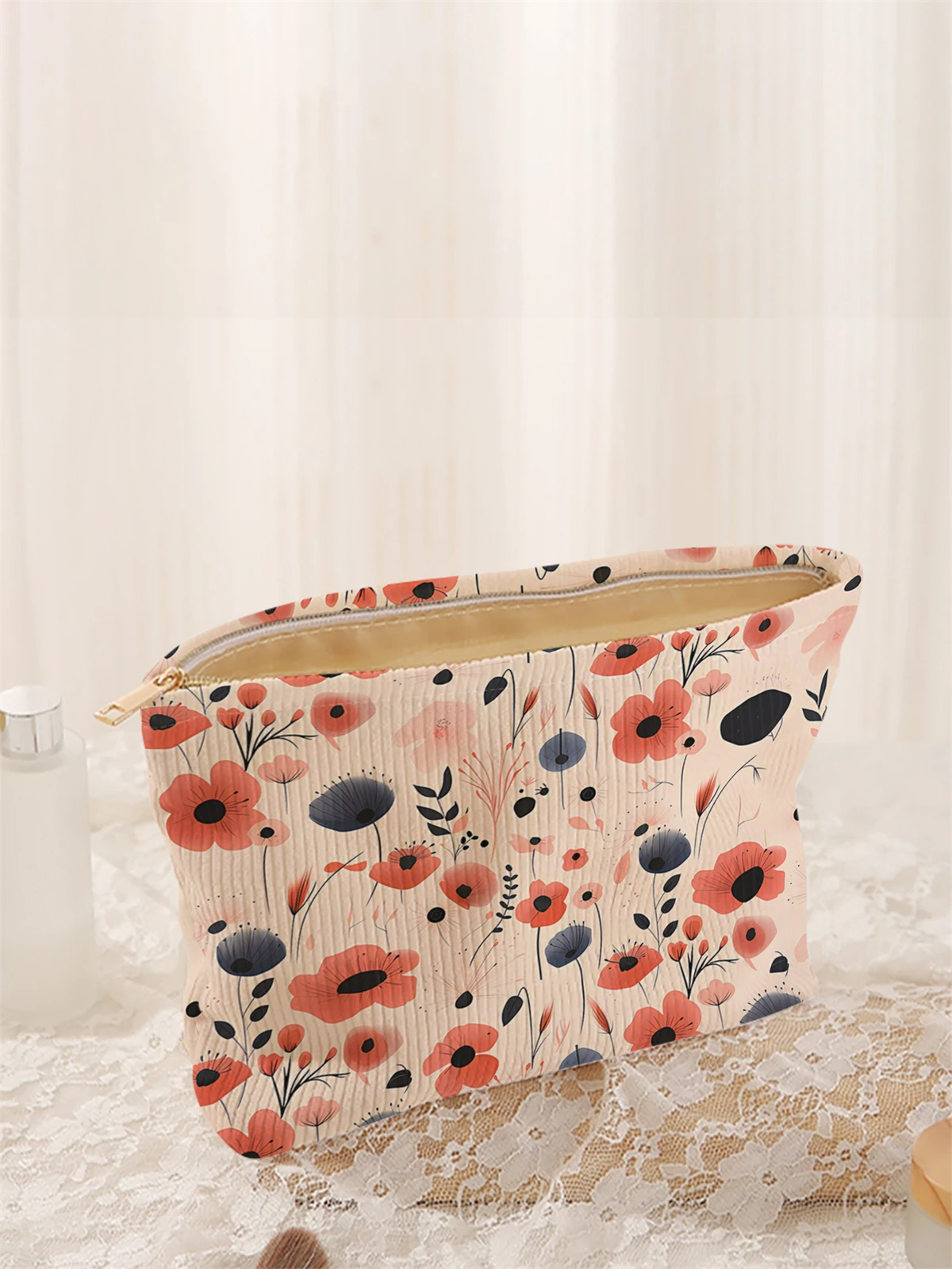 1 floral patterned corduroy makeup bag, lightweight zipper makeup storage box, multifunctional bag with lining
