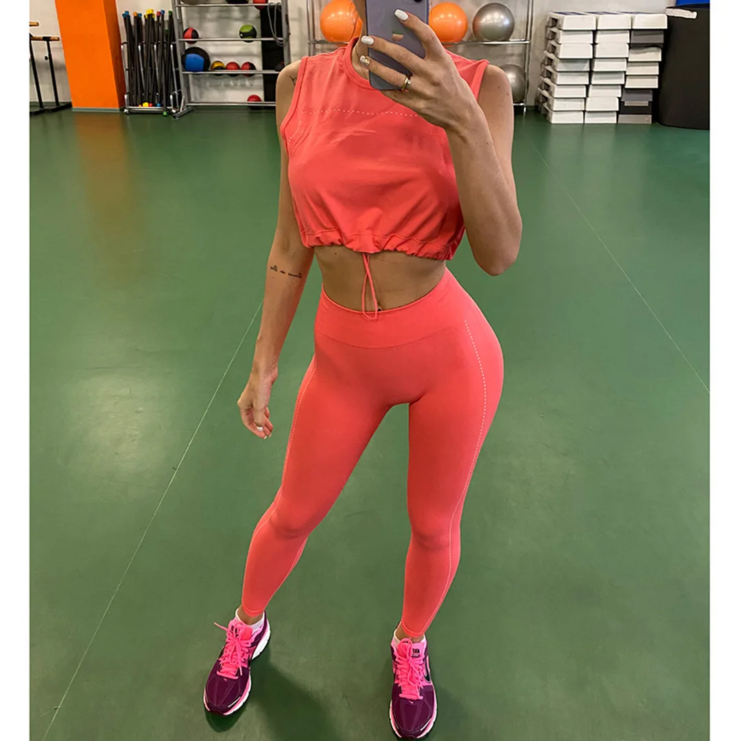 New Seamless Sport Set Women Drawstring Crop Top Leggings Tank