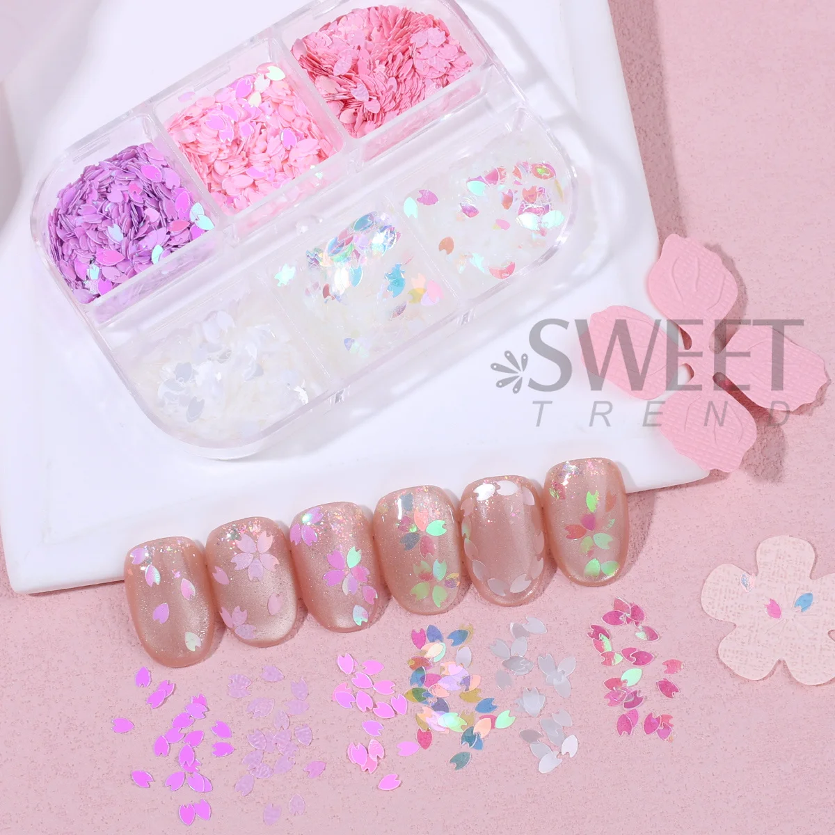 6 Grids Spring Romantic Cherry Blossom Nail Art Sequin Holographic Pink Sakura Petal Shape Sparkly Slices Mermaid Manicure Decor
