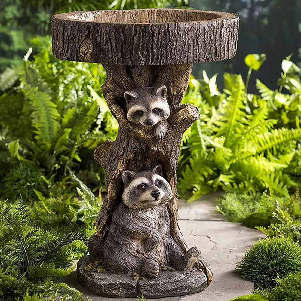 Bird Bath Creative Animal Shape Resin Little Raccoon Sunflower Bird Feeder Decorative Craft Drinking Ornament Garden Decor