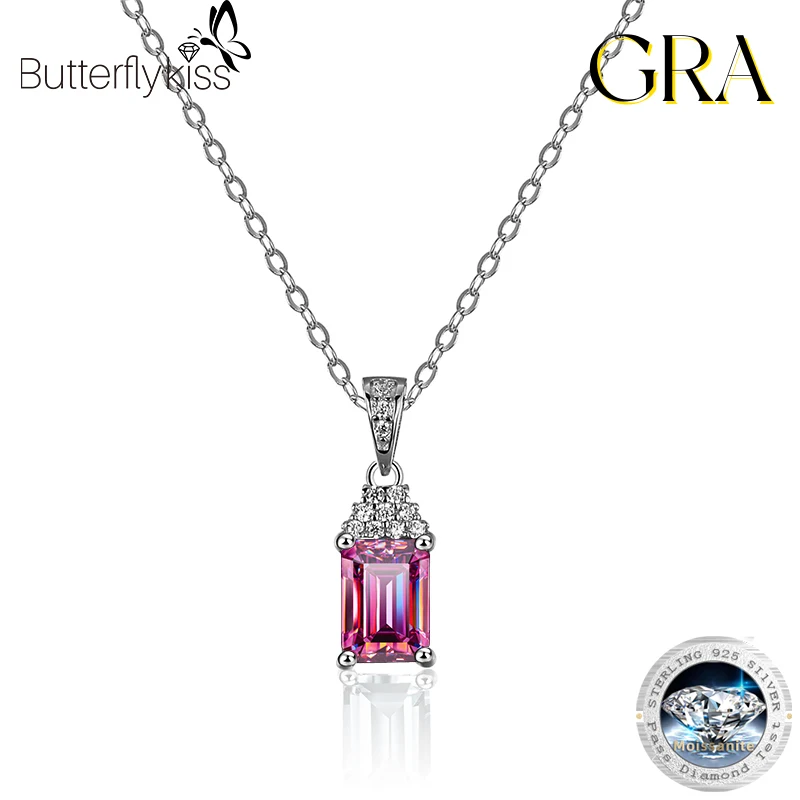 Butterflykiss925SterlingSilverEmeraldCut1CTMoissaniteGemstoneNecklaceForWomenWedding