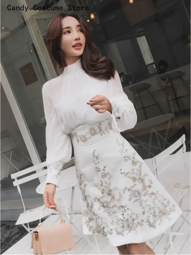 

Women's Sets Runway Skirts Autumn Skirt Suits Fashion Lantern Sleeve Bows Chiffon Blouses Tops + Vintage Beaded Flower Appliques