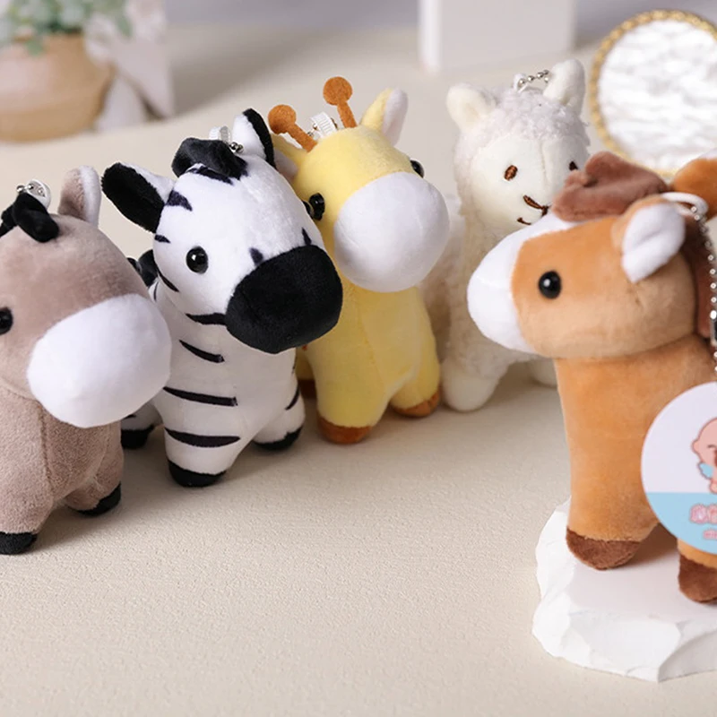 1Pc Lovely Cartoon Animal Brown Horse Alpaca Donkey Giraffe Zebra Soft Stuffed Small Doll Key Ring Pendant Birthday Christmas