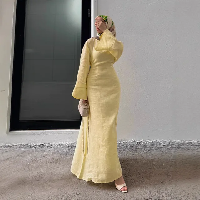 Back Lace-Up Cotton Long Dress Dress Back Cotton + Organic O-neck