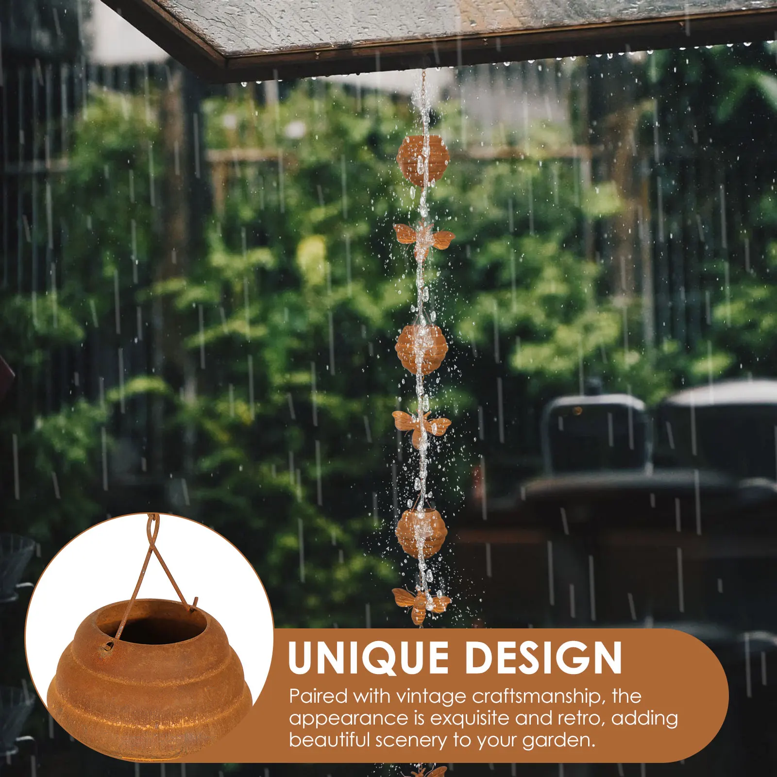 Metal Rain Chain Decorative Rainwater Diverter with Hook Exquisite & Retro Appearance Rain Cup Chime for Garden Patio Courtyard