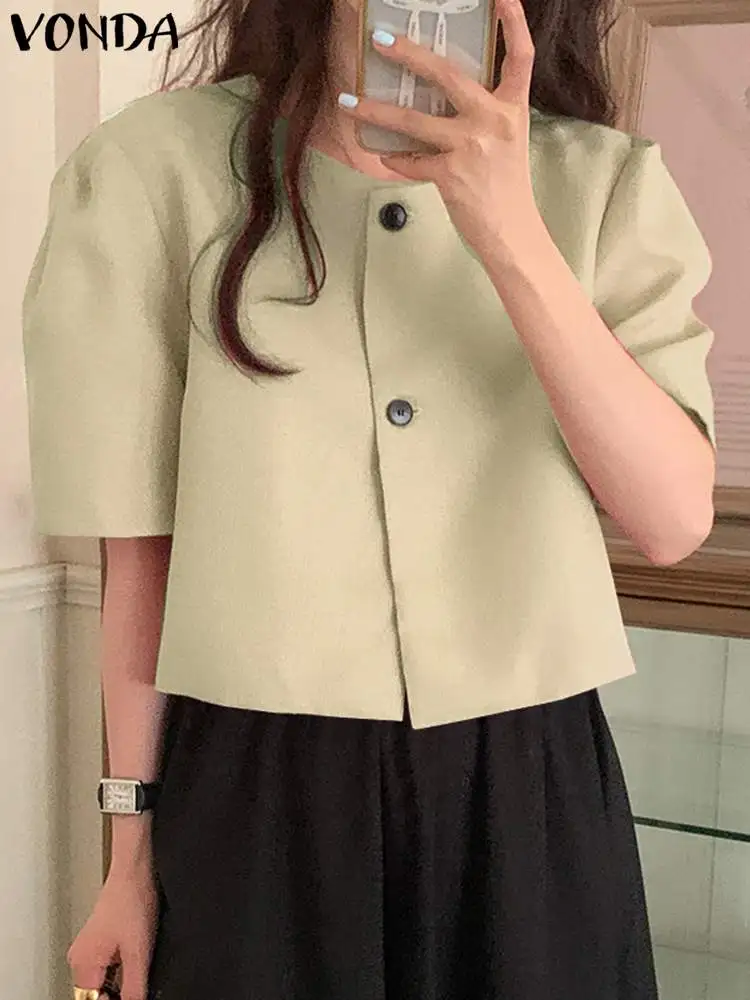 

VONDA Shirts Women Fashion Blouses 2023 Summer Short Sleeve Casual Tops Sexy Round Neck Solid Color Tunic Blusas Femininas