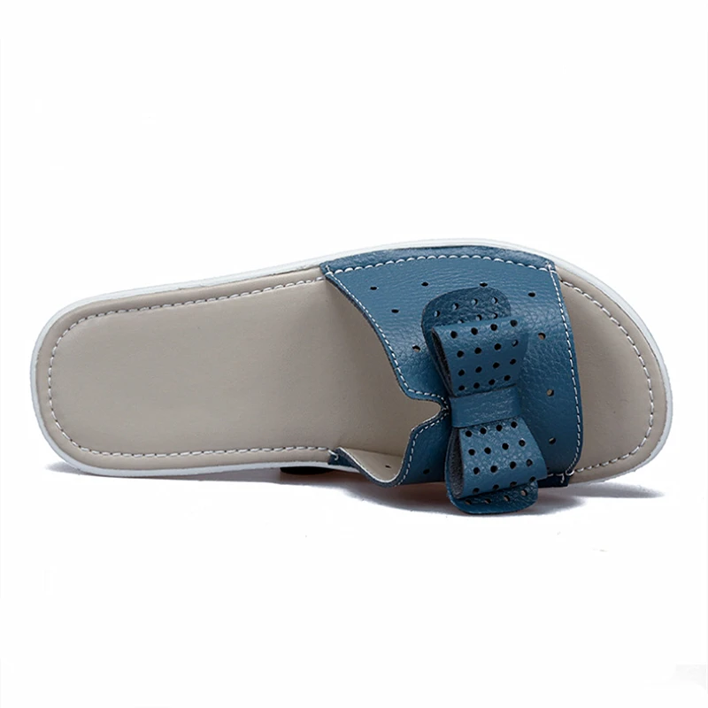 WOIZGIC Women Female Ladies Genuine Leather Shoes Platform Sandals Slipper Outdoor Summer Cool Beach Bow 41 42 BLAC-1792
