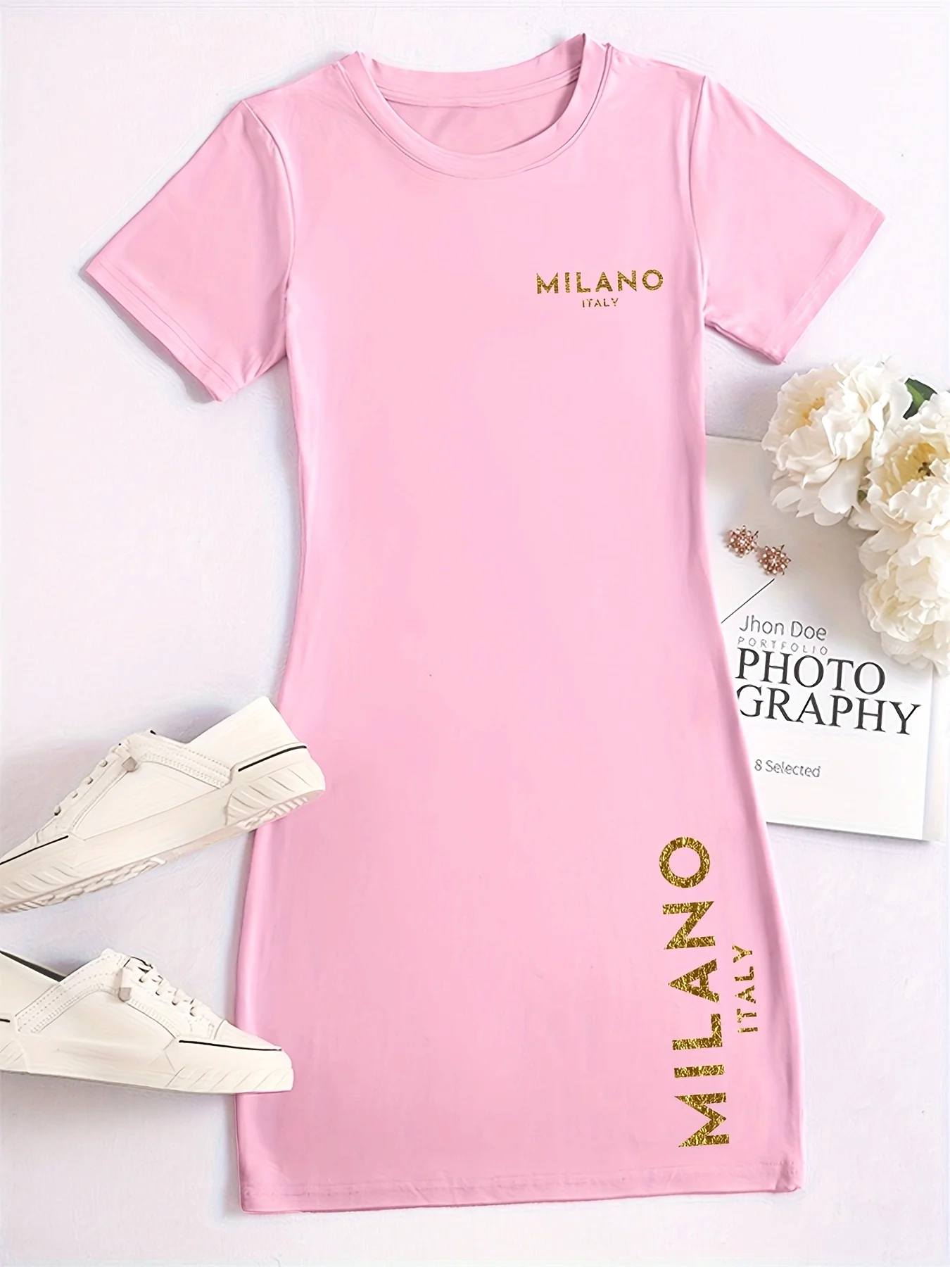 Plus Size Women's Casual Short Sleeve Dress MILANO ITALY Letter Print Round  Neck T-Shirt Dress Vibrant Pink with Golden Dress - AliExpress, image size:1350x1800