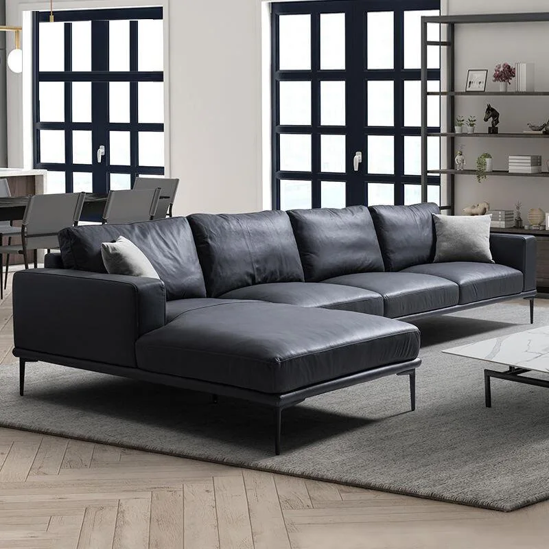 

Small unit living room Italian minimalist modern corner top layer down leather art sofa