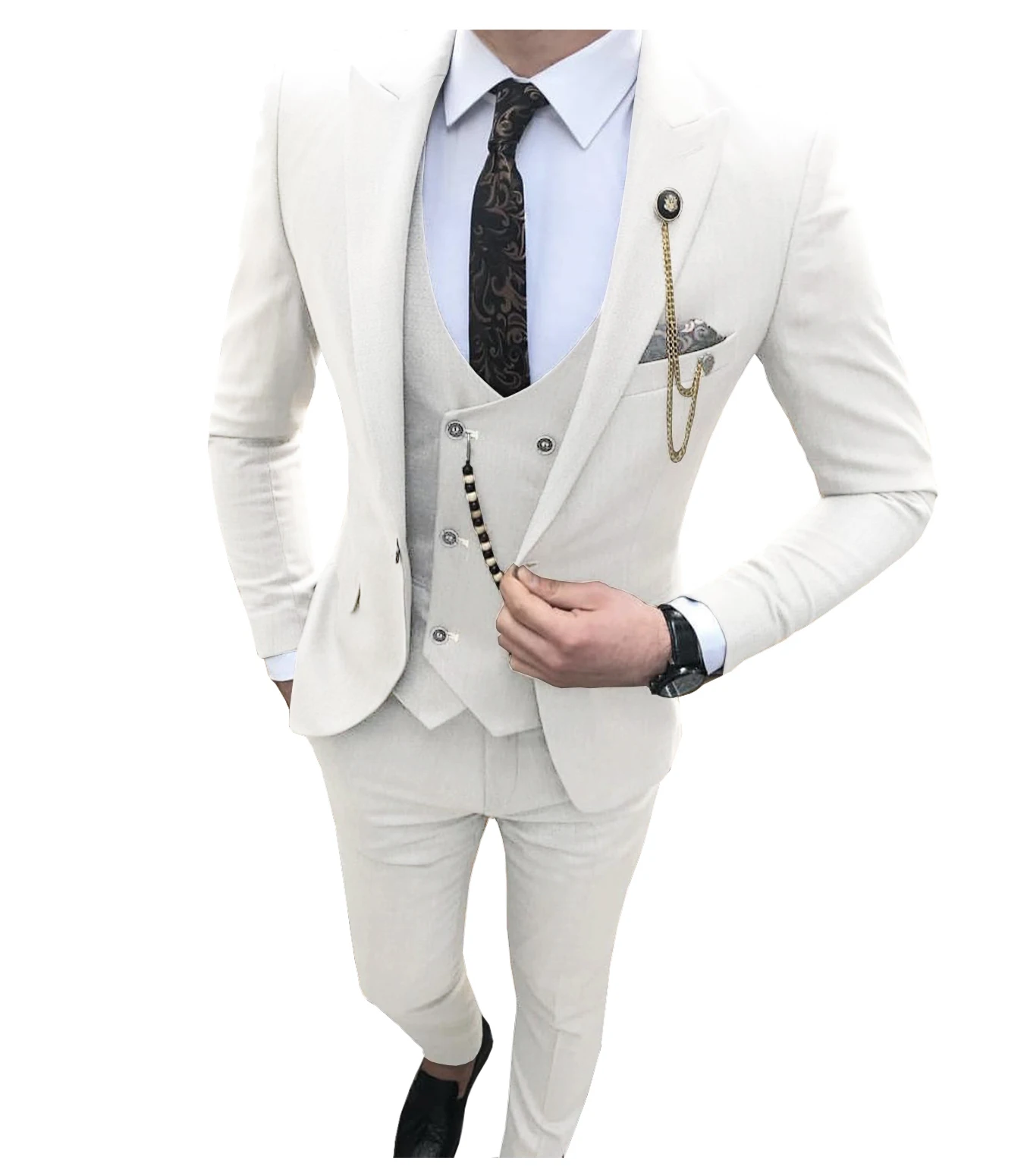 Elegant Suits For Men Wedding Slim Fit 3 Piece Grey Casual Prom Tuxedos Groom Peaked Lapel Business Men Suit(Blazer+Vest+Pants)