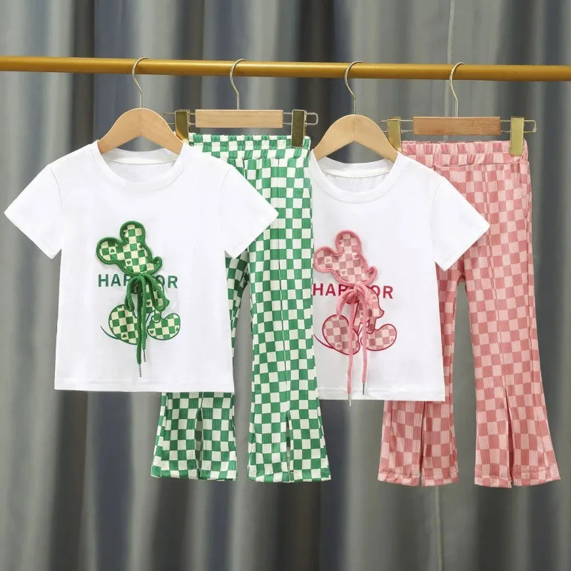 

3-8Girls' Set 2023 New Summer Fashion Versatile Cartoon Casual Short Sleeve T-shirt Ice Silk Wide Leg Pants Two Piece Set