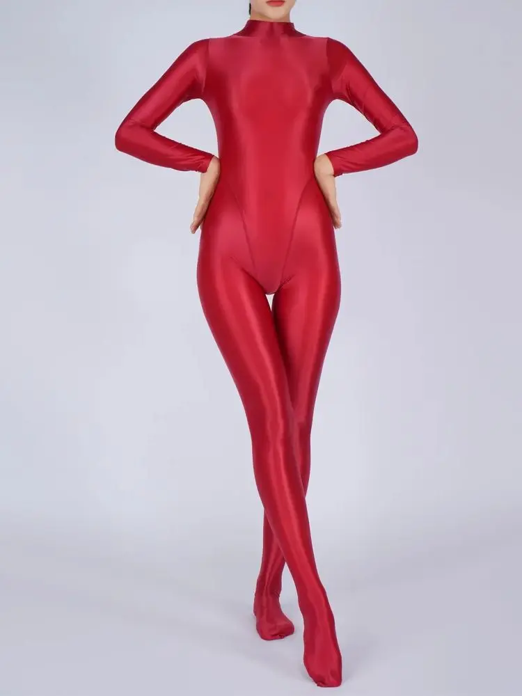 Shiny Stand Collar Back Zipper Catsuit Bodystocking High Cut Patchwork Bodysuit Tights Sexy Leotard Conjoined Jumpsuit Unitard 5