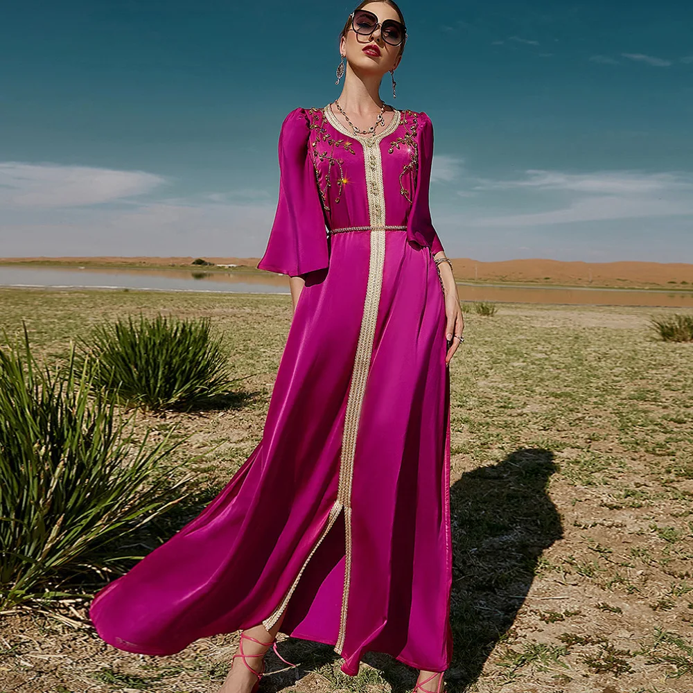 

Handcraft Diamond Morocco Kaftan Sfifa Ribbon Braid Arabic Muslim Dress Women Saudi Jalabiya Satin Abaya Dubai Eid Party Evening