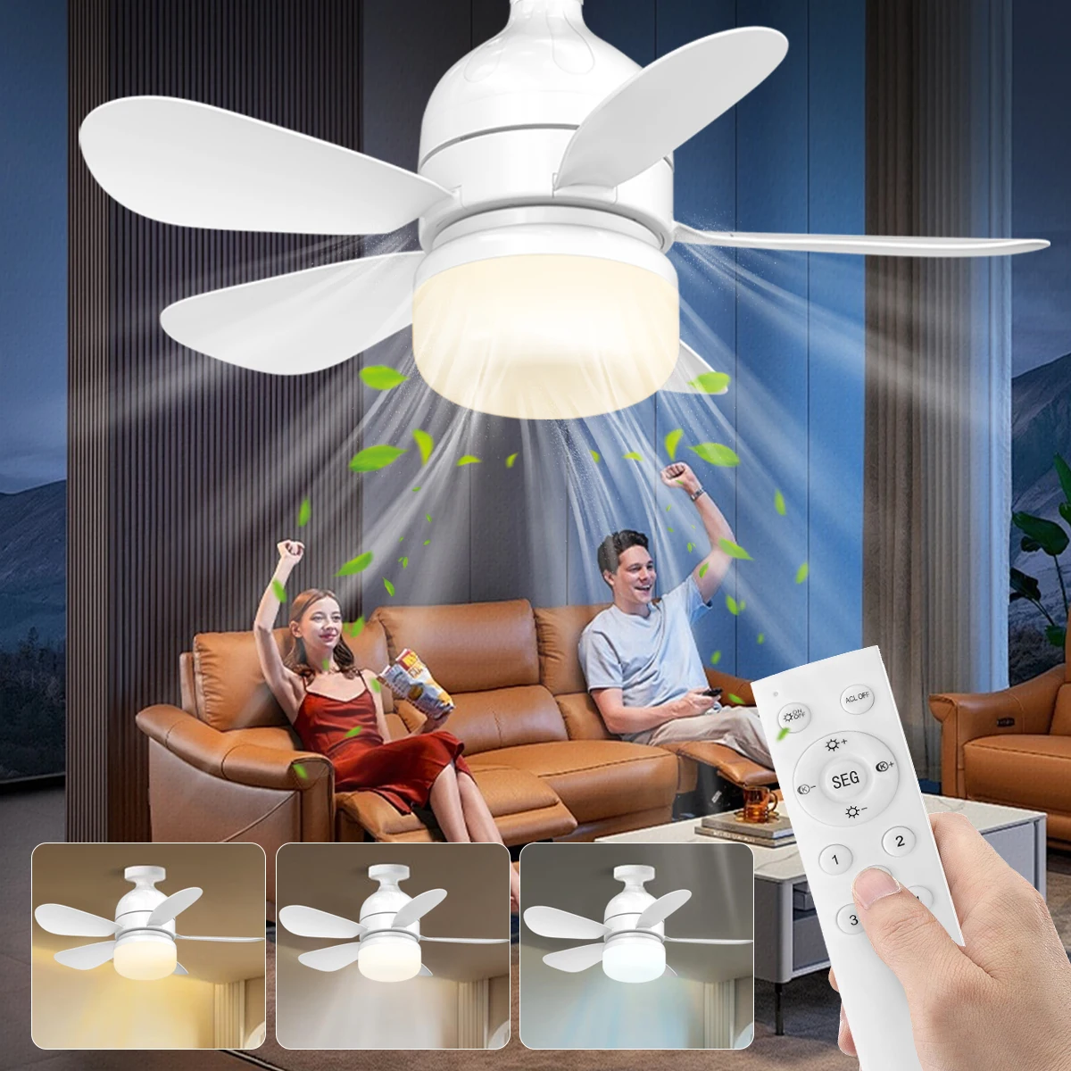 Socket Fan Light Bulb Dimmable LED Ceiling Fans with Lights and Remote Adjustable Color And Brightness Fan for Kitchen Bedroom