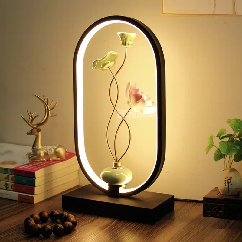 New Chinese Style Retro Table Lamp Lovers Creative Bedroom Bedside Desk Lamp Lotus Decoration Personality Intelligent Night