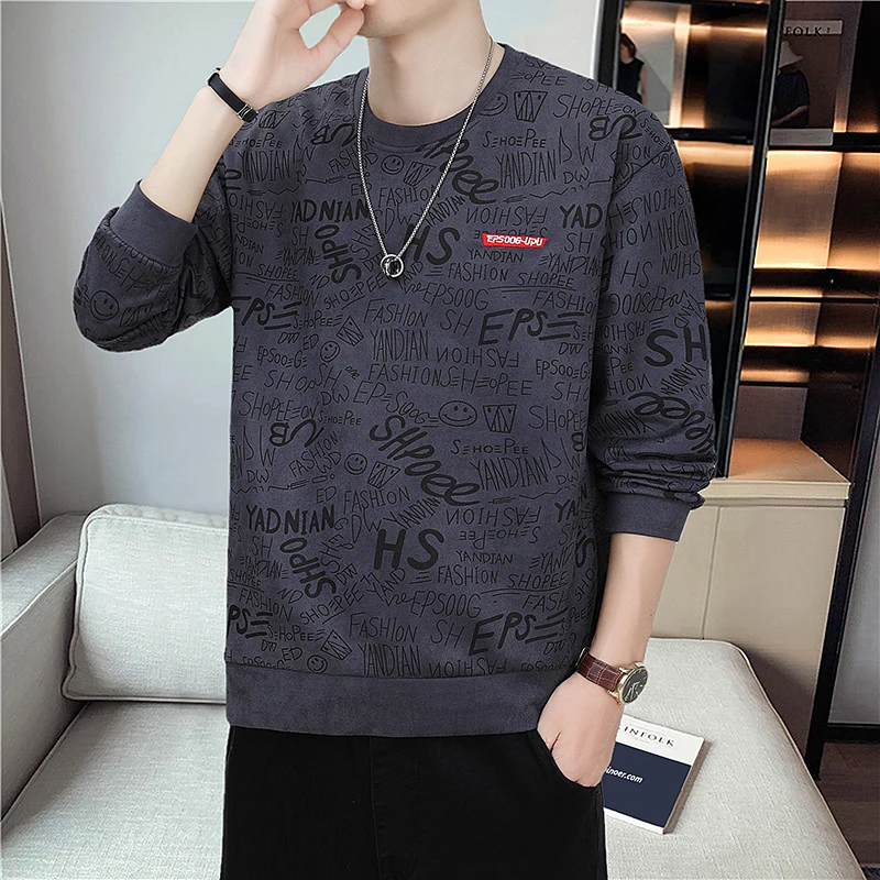2023 Autumn and Winter Men's Pullover Round Neck Patchwork Printed Letter Hoodie Fashion Loose and Versatile Long Sleeved Tops