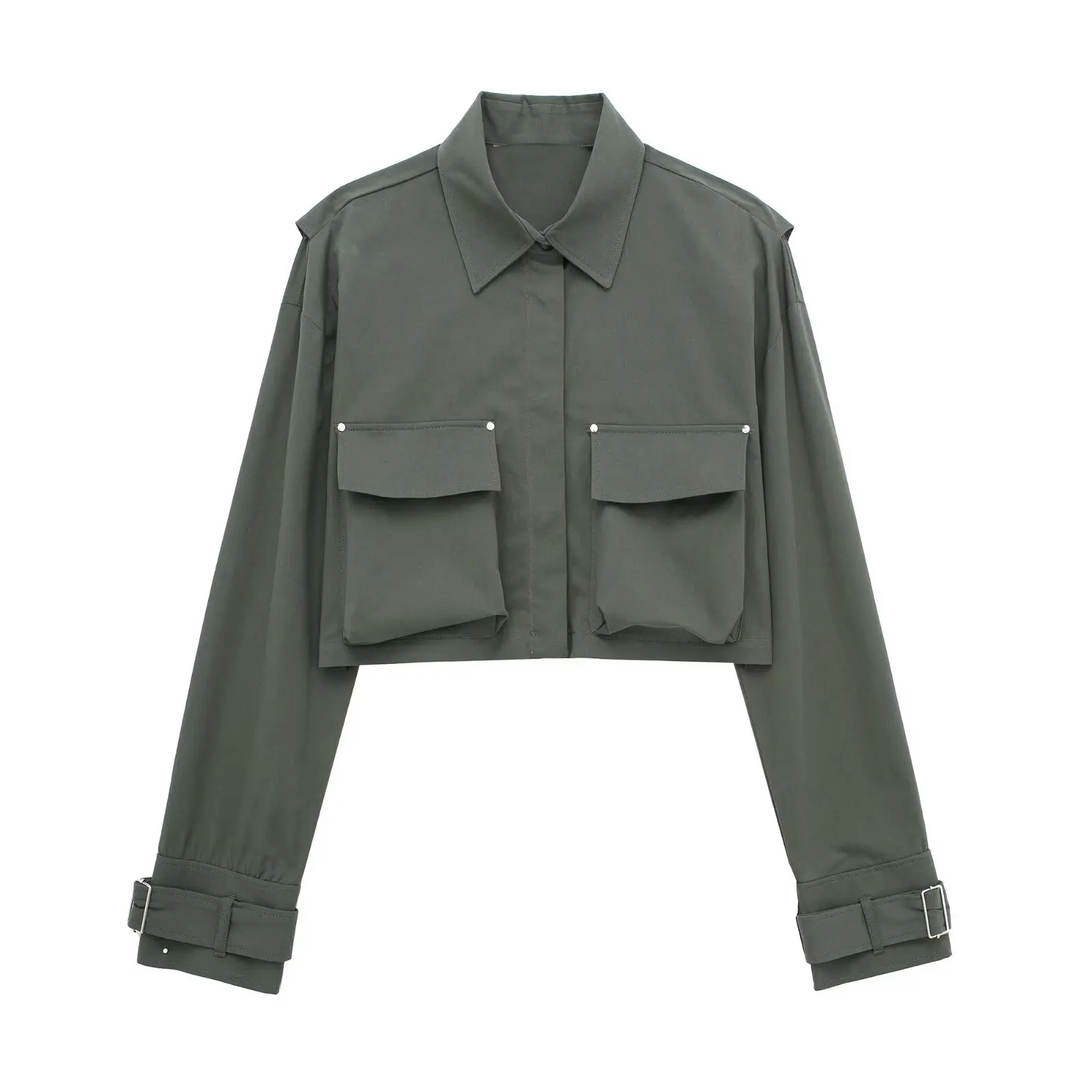 

Женская короткая рубашка с отворотом, длинным рукавом и карманами