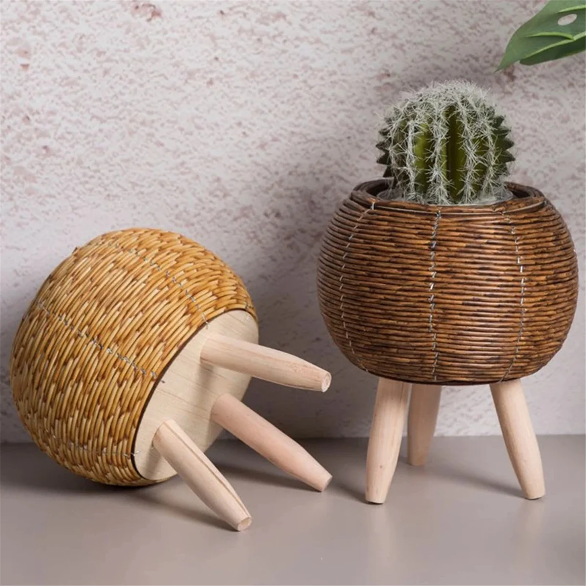 Vintage Imitation Rattan Woven Flower Shelf Planters Storage Basket with Wooden Legs Plant Pot Stand Holder for storage rack,plant stand,wooden flower shelf