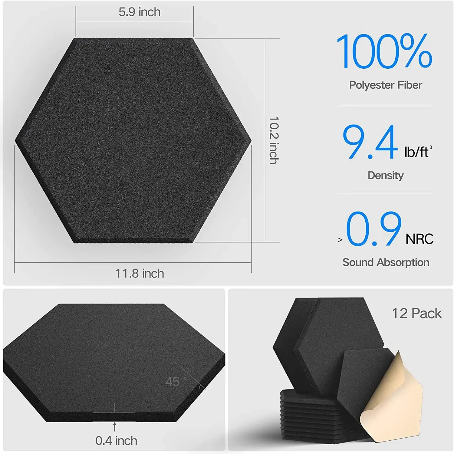 Hexagonales Paneles Acusticos Autoadhesivo 12 Piezas Alta Densidad