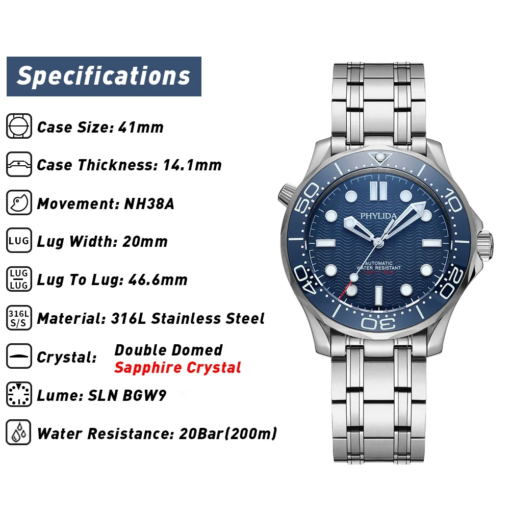 PHYLIDA Blue Dial NH38a Automatic Watch Diver 200 Sapphire Crystal SLN BGW9 Lume SE-BL-38