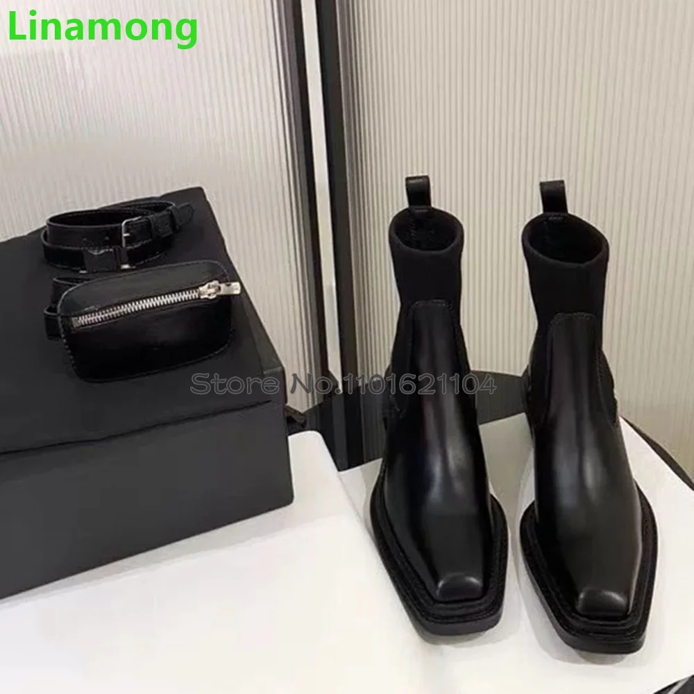 Black Square Toe Pocket Design Boots For Female Women 2024 New Chunky Heel Slip-on Leather Fabric Fashion Runway All-match Shoes
