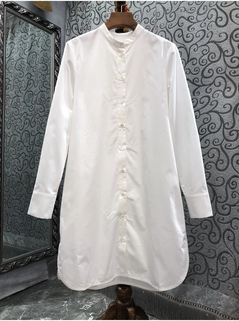 

100%Cotton Long Shirt Dress 2023 Summer Style Women Button Front Long Sleeve Casual White Black Basic Dress Clothing Lady XL