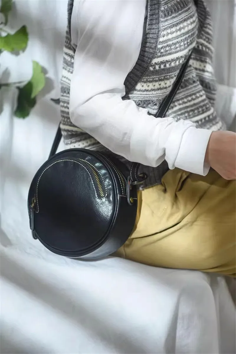 PNDME Casual Designer echtes Leder Damen runde Umhängetasche einfache hochwertige natürliche echte Rindsleder Frauen Umhängetasche – Detail 17