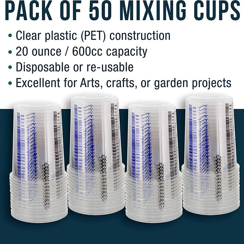 50Piece Graduated Plastic Mixing Cups-Use For Paint, Resin, Epoxy, Art Disposable Flexible Clear