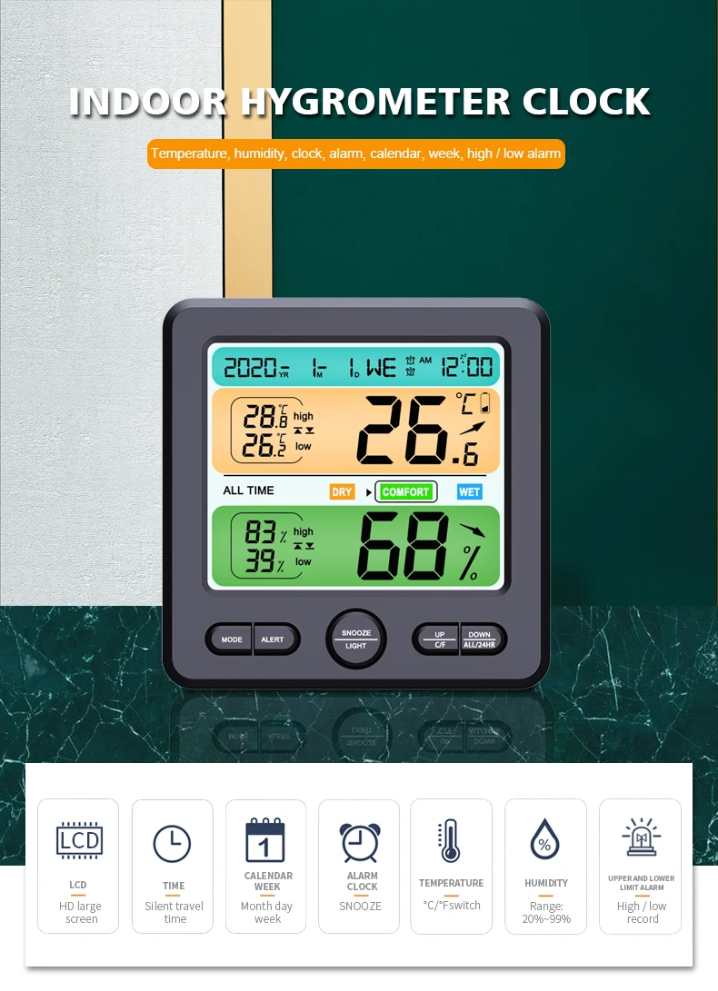 S49d2da64e28f464db011692cde0e8a8cf Home Indoor Temperature Humidity Meter LCD Display Backlight Digital Thermometer Hygrometer With Alarm Clock Calendar Function
