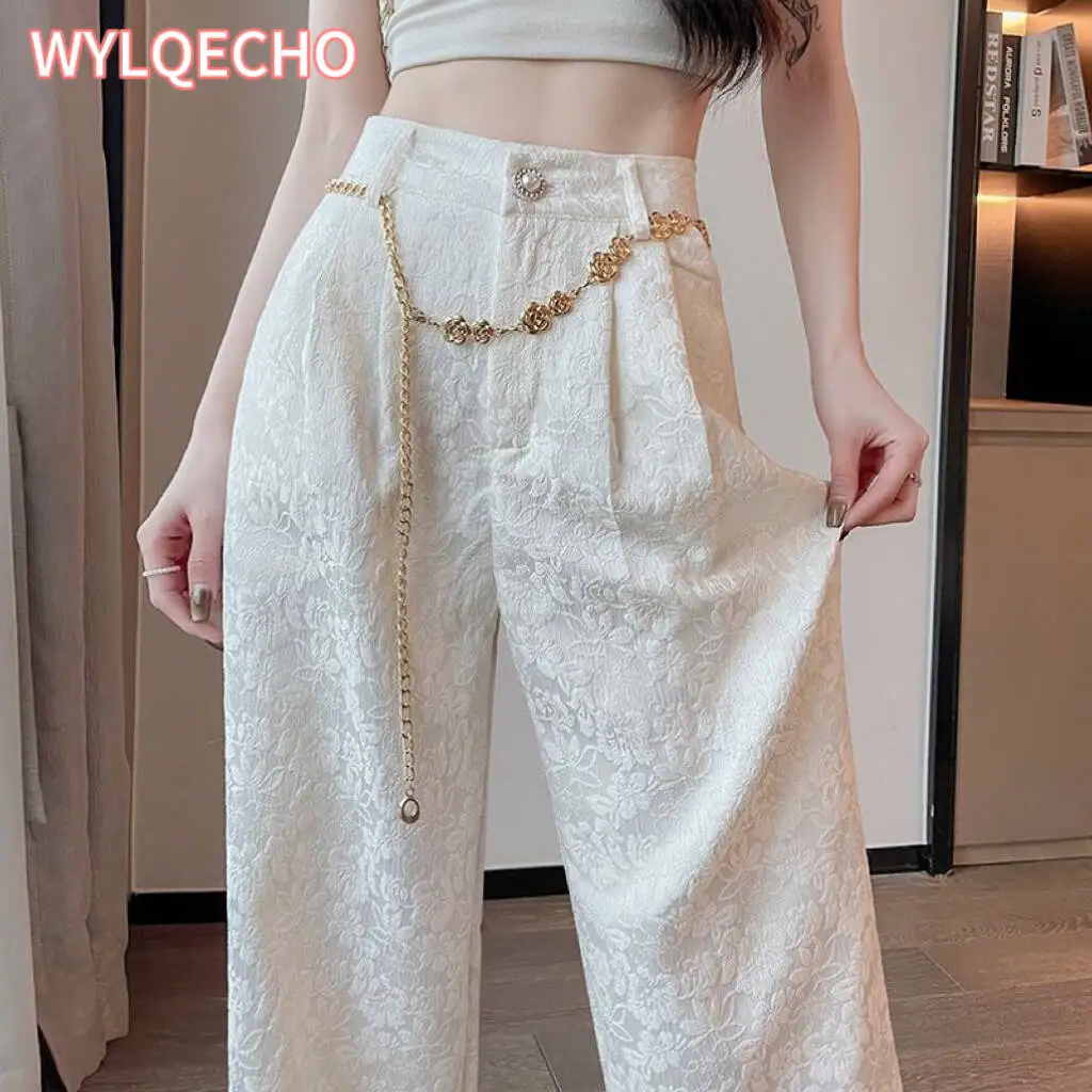 Flower Pants Lace Up Cool Pants Korean Style Y2k Straight Loose Women Summer Wear Belt High Waist Trousers