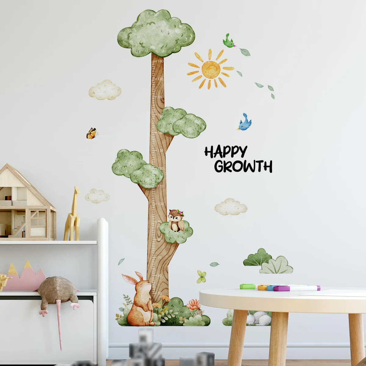 Cloud Tree Cartoon Animal Height Measurement Happy Growth Theme Wall Stickers Self-Adhesive for Living Room Kids' Room Decor