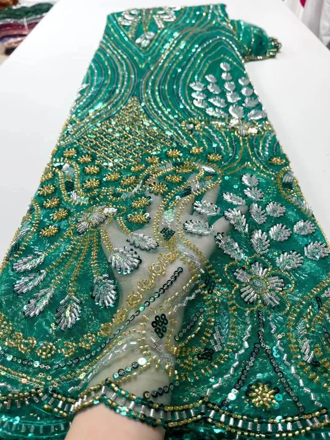 

Hot Sale Beaded Lace Fabric High Quality African Lace Fabric Handmade Beads Lace Fabric for Bridal Material French Net Lace