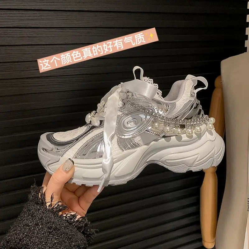New Women's Fashion Thick Sole Heightened Silver Dad Shoes Mesh Breathable Casual Sports Shoes 4