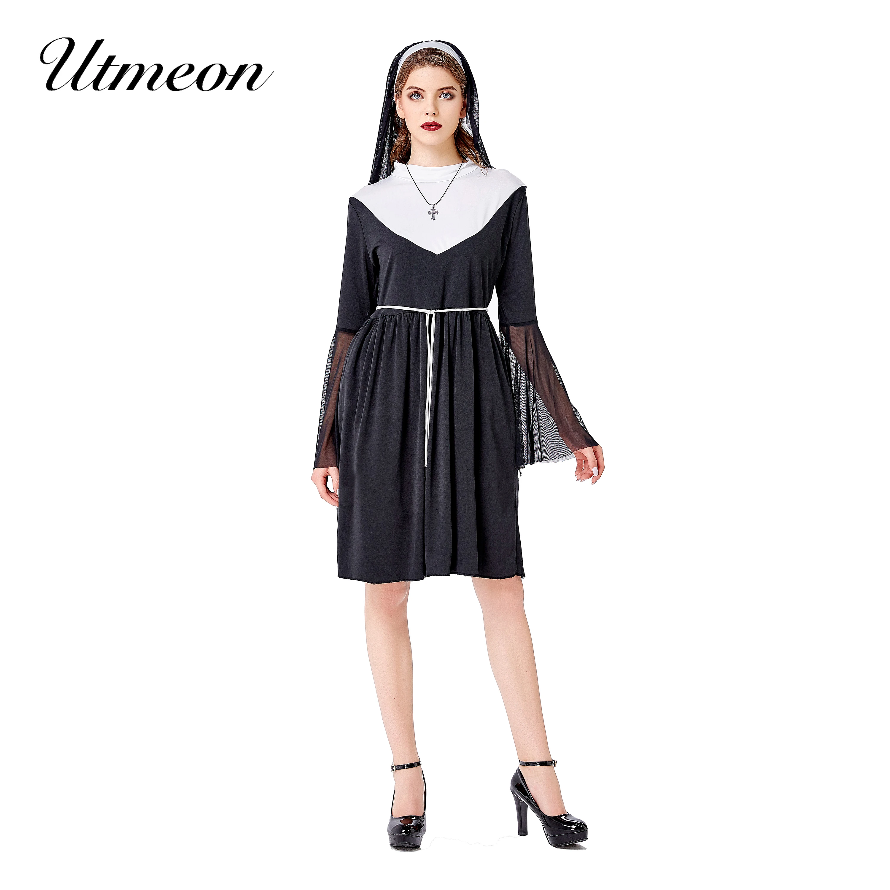 

Halloween Costumes for Women Black White Medieval Costumes School Uniform Nun Costume for Women Cosplay Dress