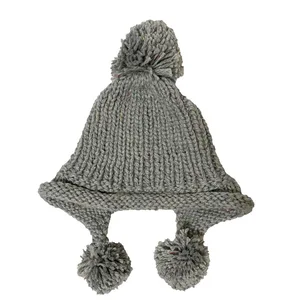 BomHCS    Women Crochet Stripes Knitted Beanie Winter Earmuff Hat Back Pompom Ball Earflap Warm Cap