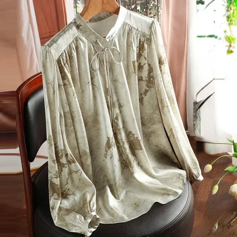 

2023 Autumn Office Lady Fashion Printed Blouse Vintage Women Long Sleeve Shirts Loose Tops French Temperament Blusa Mujer 29963