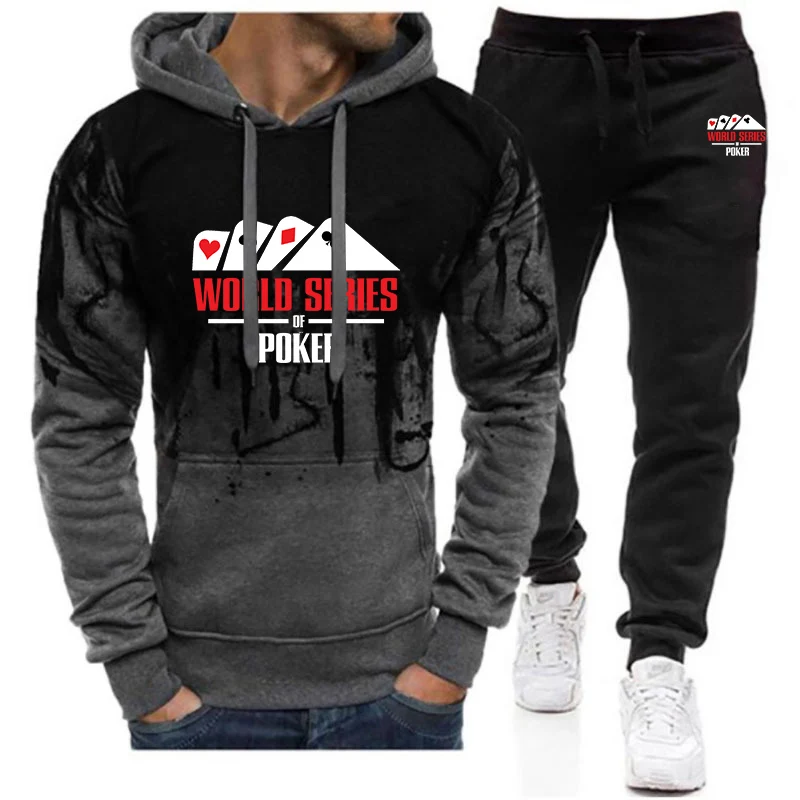 

2023 New Men's Printing Fashion World Series Of Poker Gradient Color Tracksuit Cotton Hoodies Leisure Sweatpants 2 Pieces Set