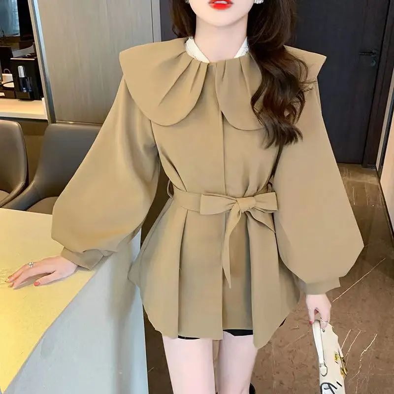 

Lantern Sleeves Doll Neck Windbreaker 2024 Spring and Autumn English Short Coat Waist Tie Up Top women coat