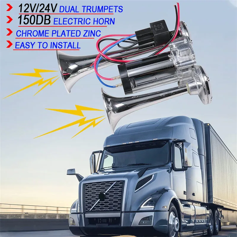 150DB Super Loud Car Electric Dual Trumpet Horns 12V 24V Air Horn Speaker for Car SUV Vehicle Boat Train Motorcycle RV Truck
