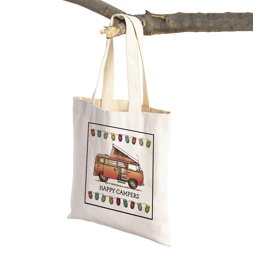 

Happy Camper Cartoon House Travel Car Shopper Bag Supermarket Tote Handbag for Women Casual Van Life Lady Canvas Shopping Bags