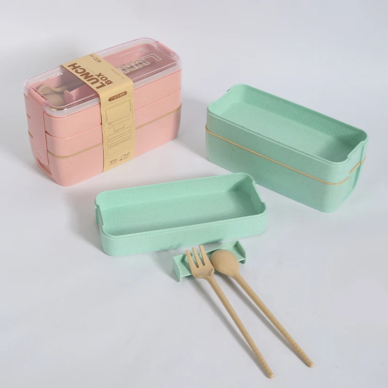 Description Picture 3 of item1pc Square Three Wheat Straw Fibre Plastic Lunch Box Students Adult Lunch Box With Cutlery