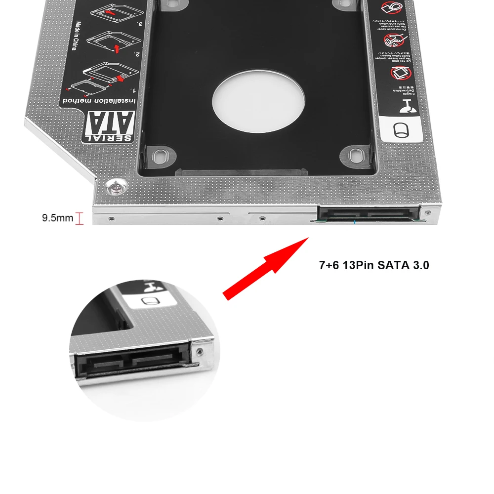 Alumínio Caddy Adapter Enclosure, Disco Rígido, 2 ° Segundo, SATA 3.0, Baía Óptica, SSD, DVD, CD-ROM, 2.5 