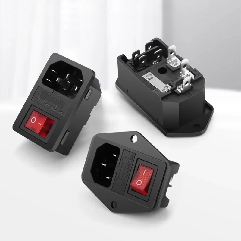 LED Rocker Switch 5PCS 3 Pin 10A 250V Computer Mount Outlet IEC320 C14 Electrical Power Socket Brass Fuse Inlet Plug Connector