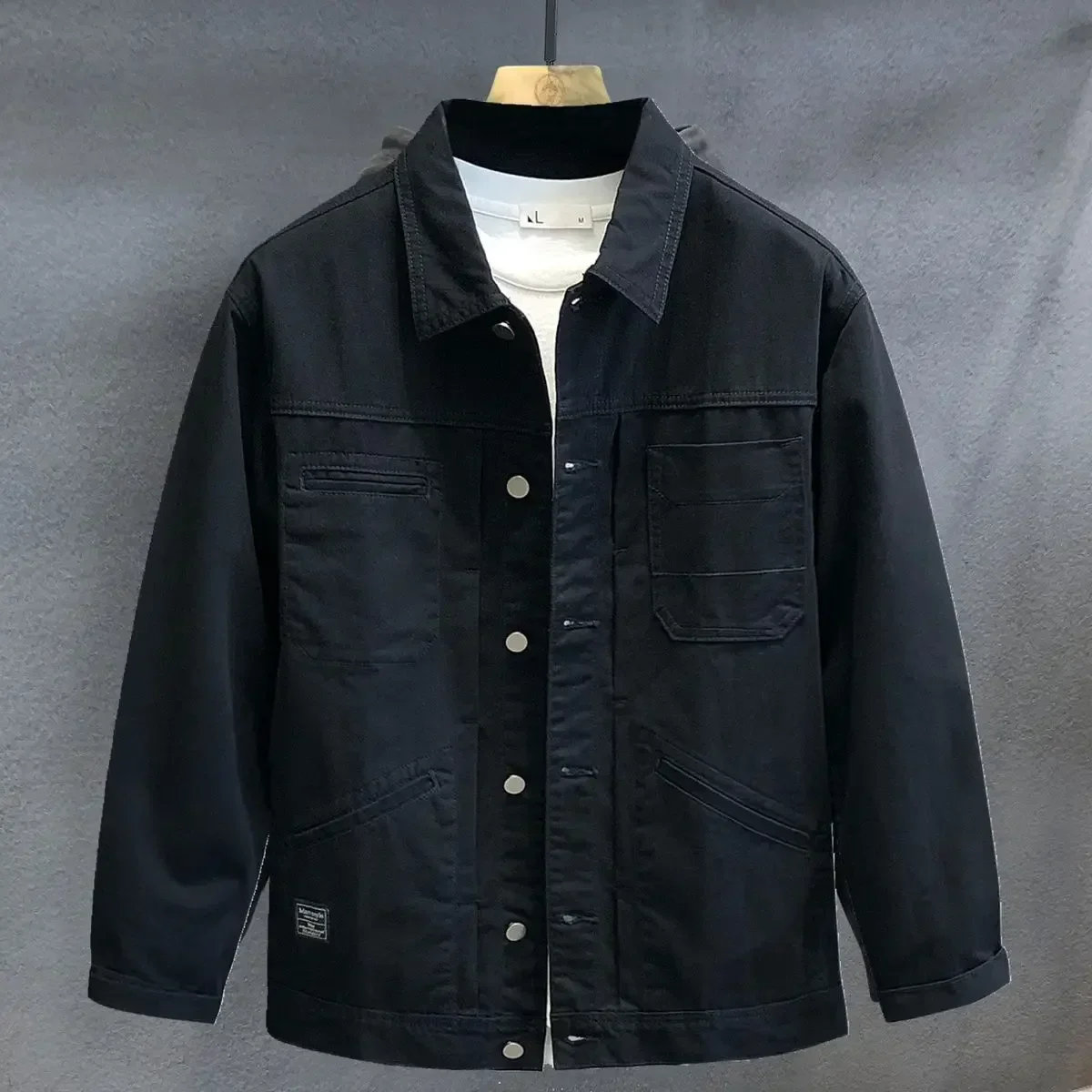 thumbnail image 1 of Chaqueta vaquera para hombre, abrigo vaquero negro de otoño, estilo coreano, moda de marca coreana, prendas de vestir de moda, talla grande, informal, Y2k, 1 of 5