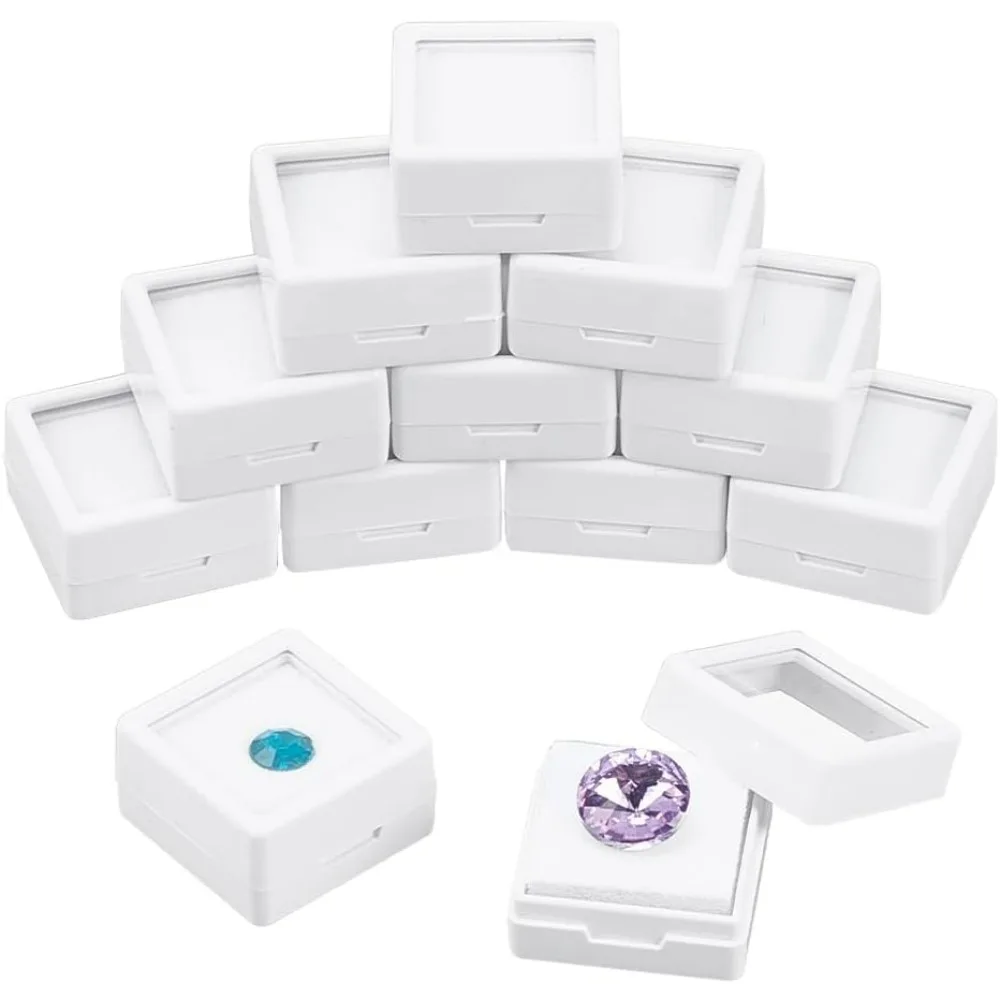 Gemstone Display Boxes White Plastic Square Jewelry Display Lids and Sponge for Bare Stone Naked Diamond 12 Pcs 1.2x1.2x0.6 Inch