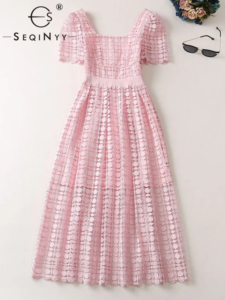 

SEQINYY Elegant Midi Dress Summer Spring New Fashion Design Women Runway High Street Vintage Flowers Hollow Out Lace A-Line