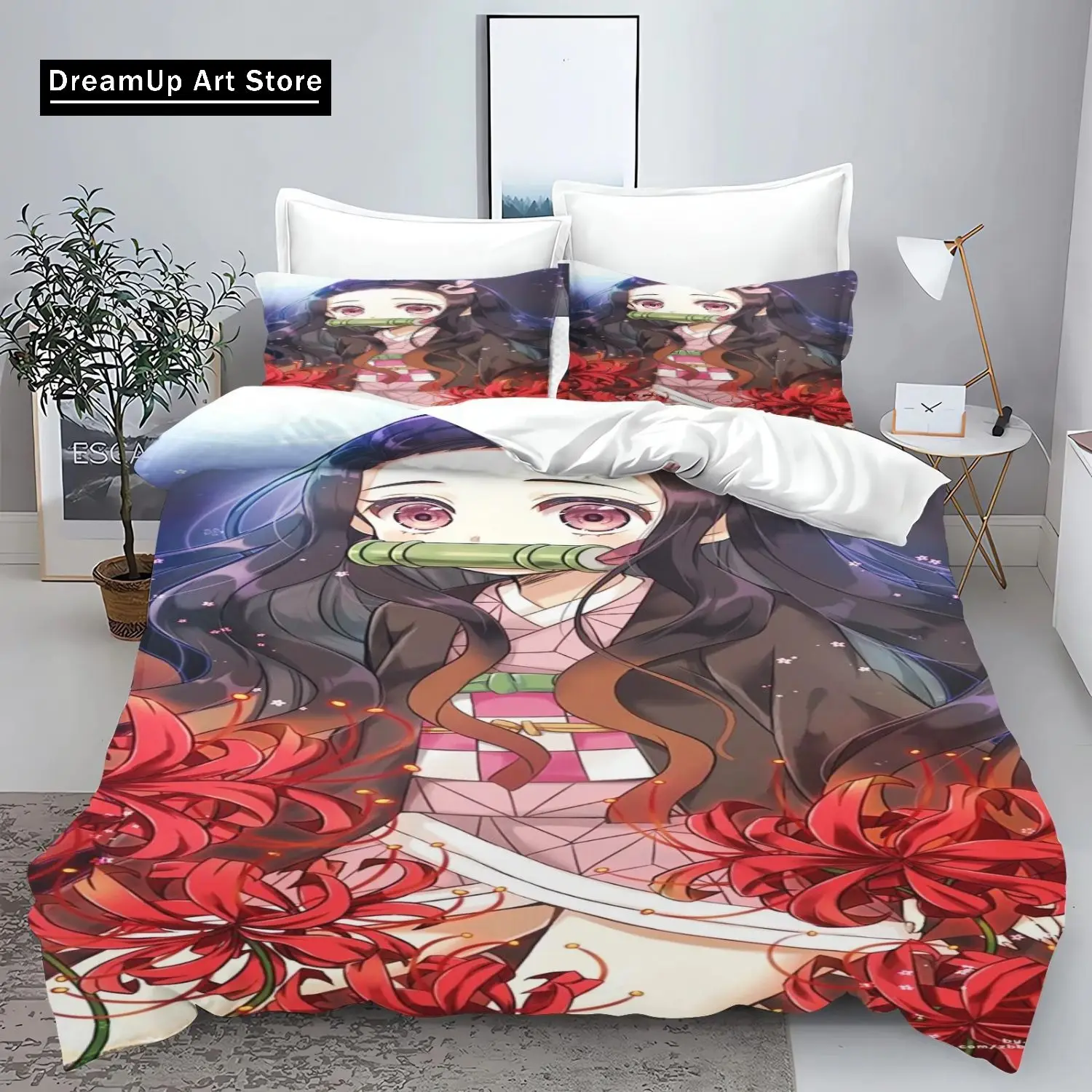 Anime Demon Slayer kamado Nezuko Anime Bedding Set Boys Girls Twin Queen King Size Duvet Cover Pillowcase Bed boys Adult Bedroom 3