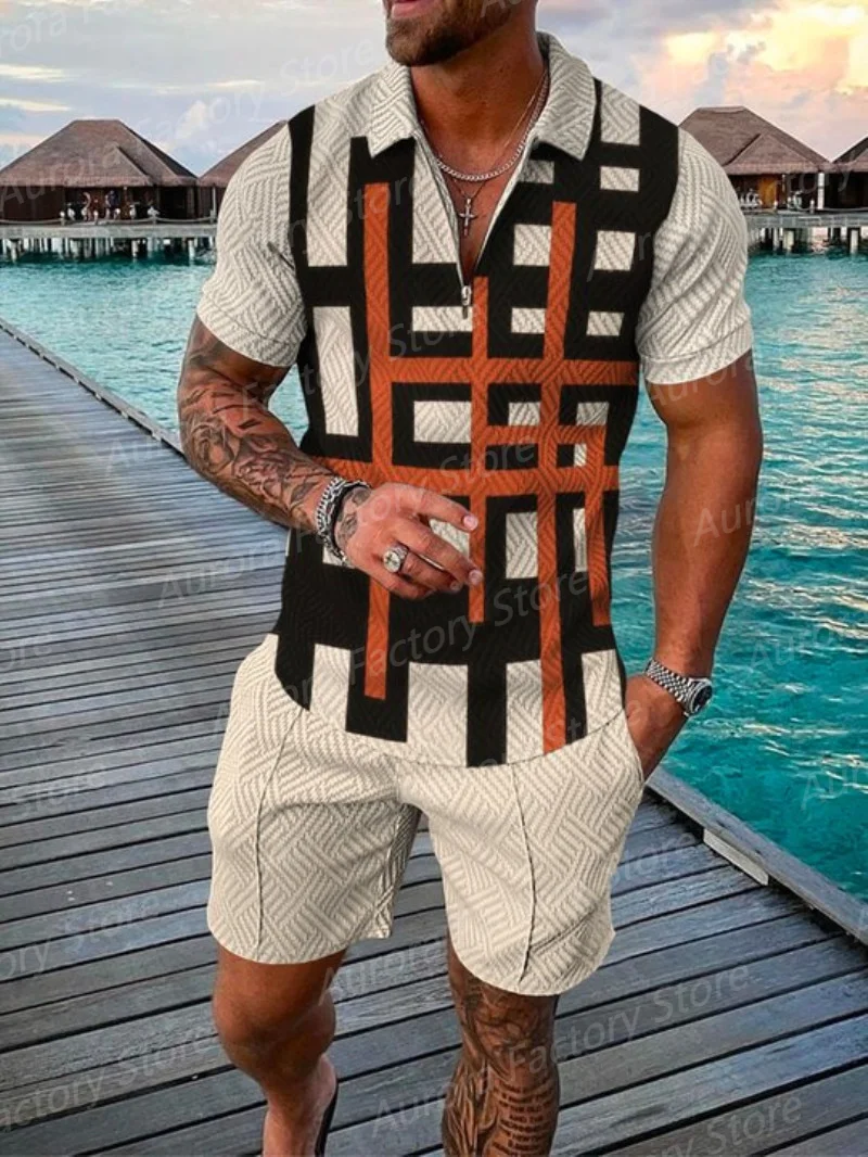 Summer Simple Retro Style Men's Zipper Collar Tracksuit Fashion Casual T-Shirt Shorts Two Piece Set Man Clothing Sweatsuit Set 2